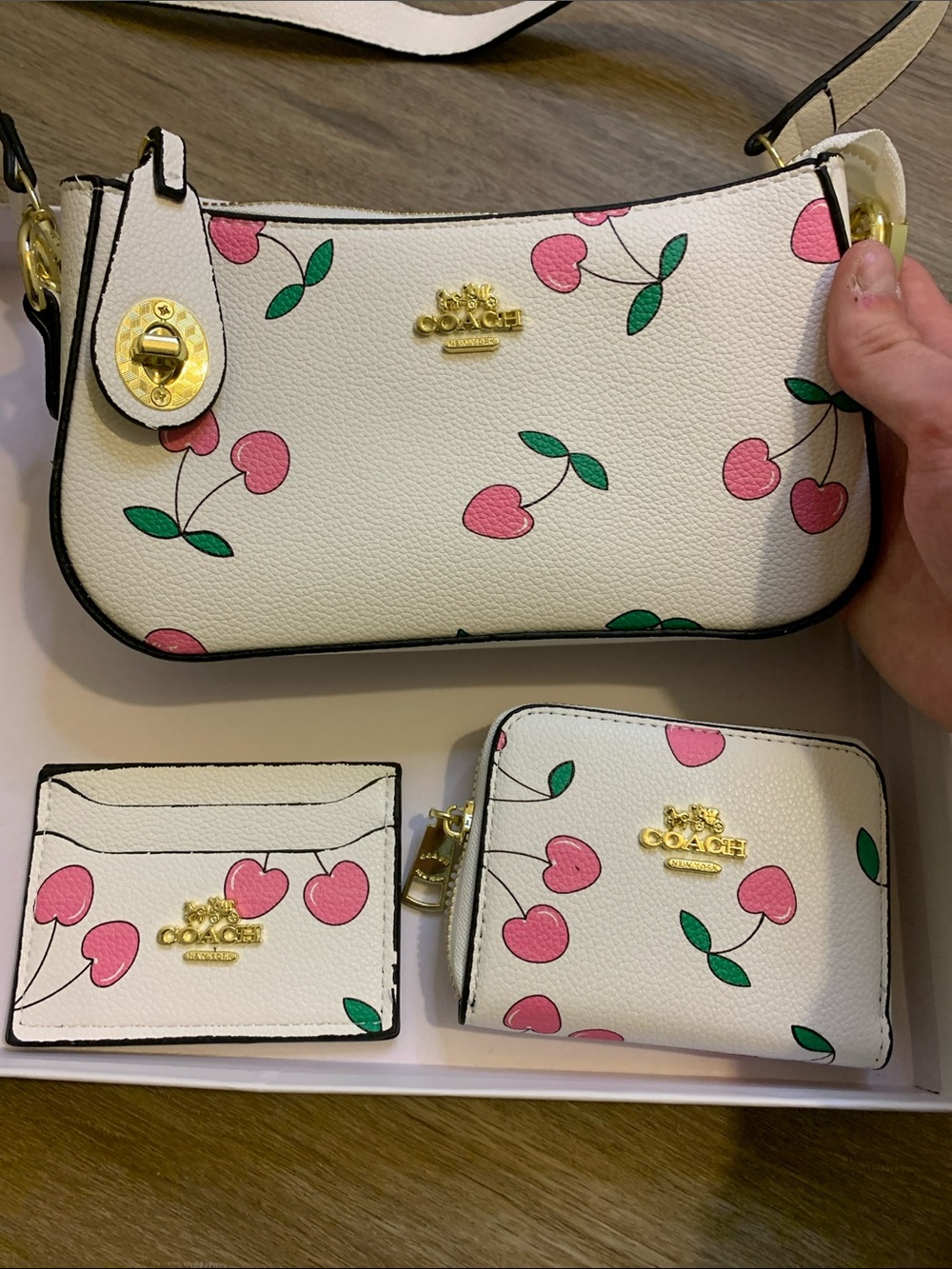 Coach White Leather Cherry Print Shoulder Bag with Matching Wallet & Card Case